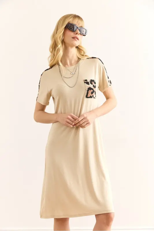 Women's Beige Leopard Trim Bicycle Collar Dress DR- - 4