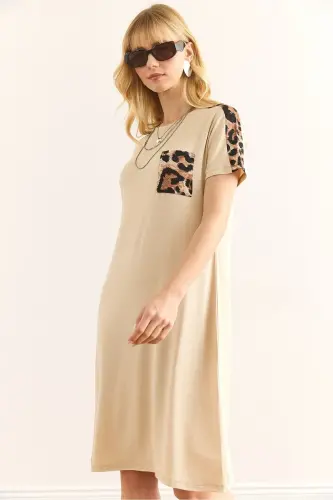 Women's Beige Leopard Trim Bicycle Collar Dress DR- - 5