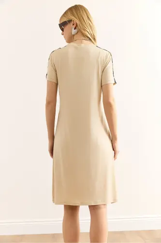 Women's Beige Leopard Trim Bicycle Collar Dress DR- - 7