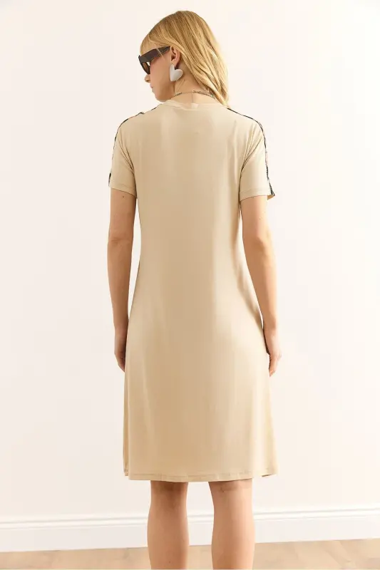 Women's Beige Leopard Trim Bicycle Collar Dress DR- - 7