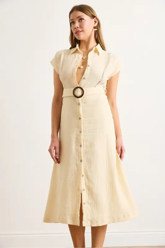 Women's Beige Lined Belted Muslin Shirt Dress ELB-19002423-Beige - 3