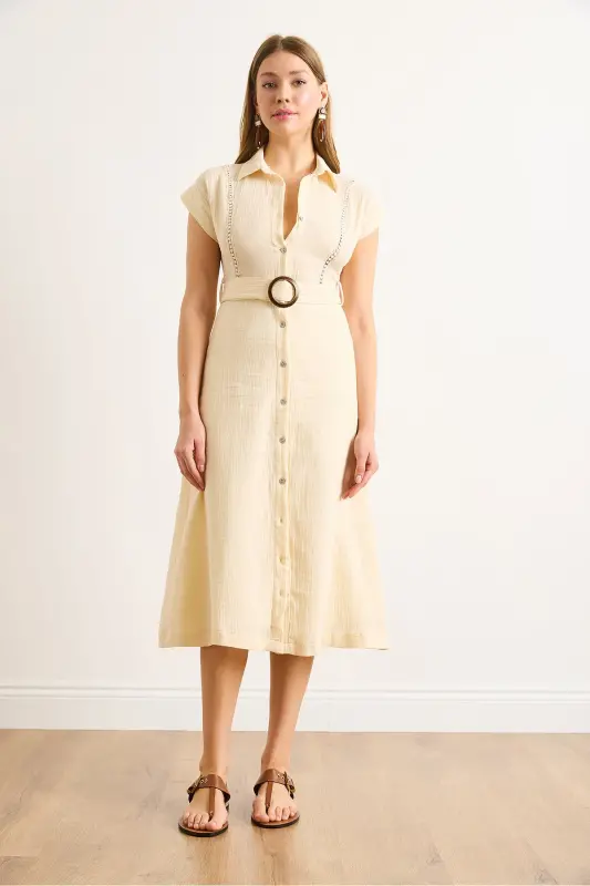 Women's Beige Lined Belted Muslin Shirt Dress ELB-19002423-Beige - 6