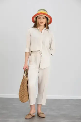 Women's Beige Linen Shirt and Pant Suit - 1