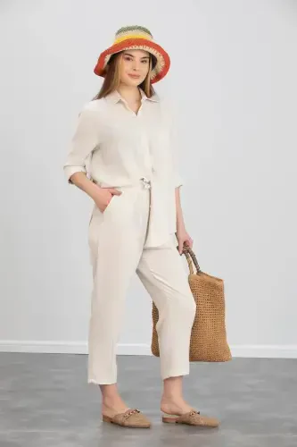 Women's Beige Linen Shirt and Pant Suit - ZF BUTİK (1)