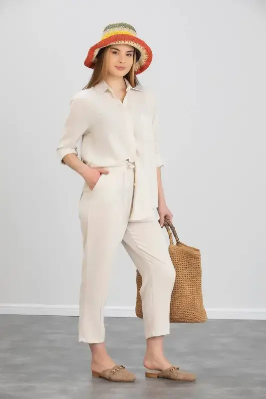 Women's Beige Linen Shirt and Pant Suit - 2