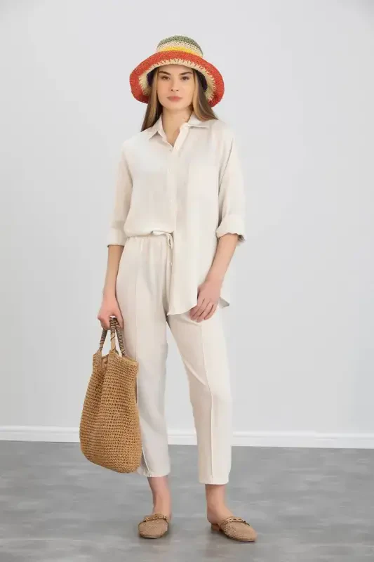 Women's Beige Linen Shirt and Pant Suit - 3