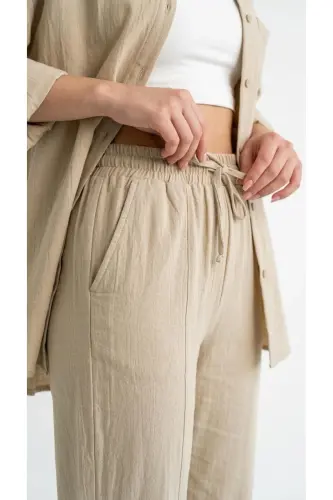 Women's Beige Linen Shirt and Pant Suit - 3