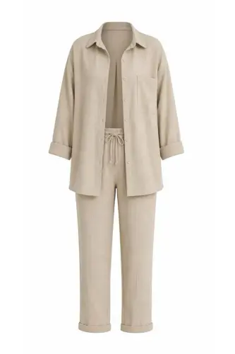 Women's Beige Linen Shirt and Pant Suit - 5