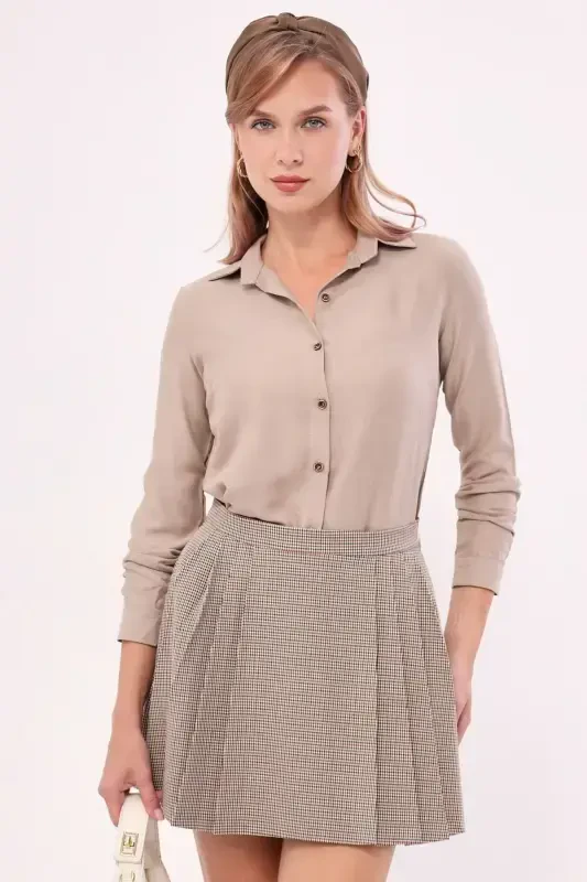 Women's Beige Long Sleeve Plain Shirt ARM-18Y001176 - 1