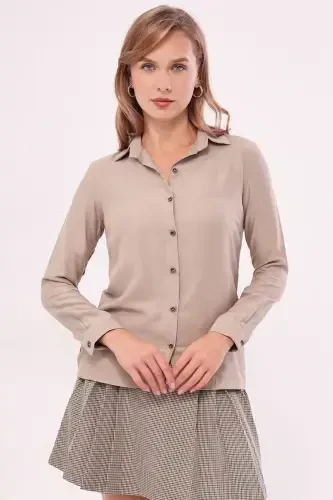 Women's Beige Long Sleeve Plain Shirt ARM-18Y001176 - 3