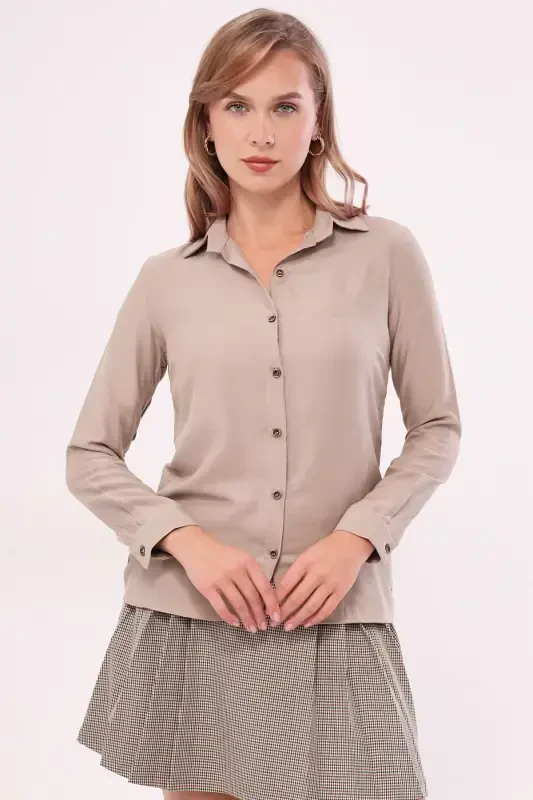 Women's Beige Long Sleeve Plain Shirt ARM-18Y001176 - 3