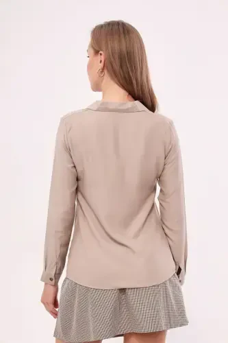 Women's Beige Long Sleeve Plain Shirt ARM-18Y001176 - 4