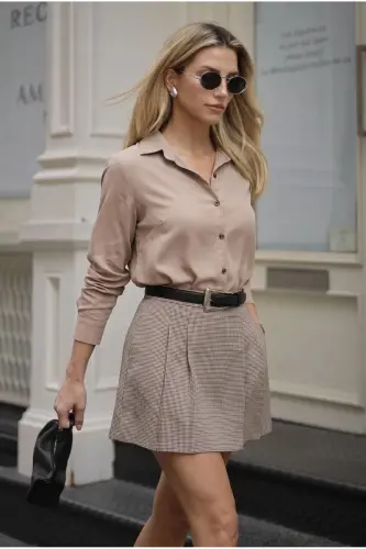Women's Beige Long Sleeve Plain Shirt ARM-18Y001176 