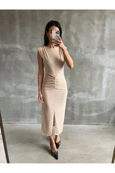 Women's Beige Lycra Sequin Party Dress with Front Slit - MARBELLA (1)