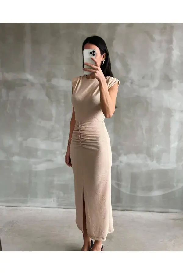 Women's Beige Lycra Sequin Party Dress with Front Slit - 3