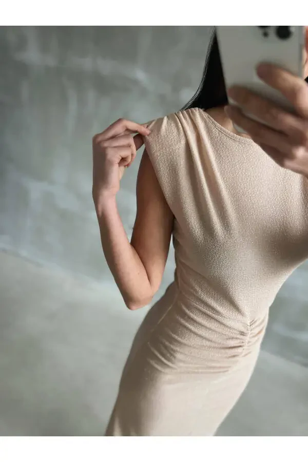 Women's Beige Lycra Sequin Party Dress with Front Slit - 5