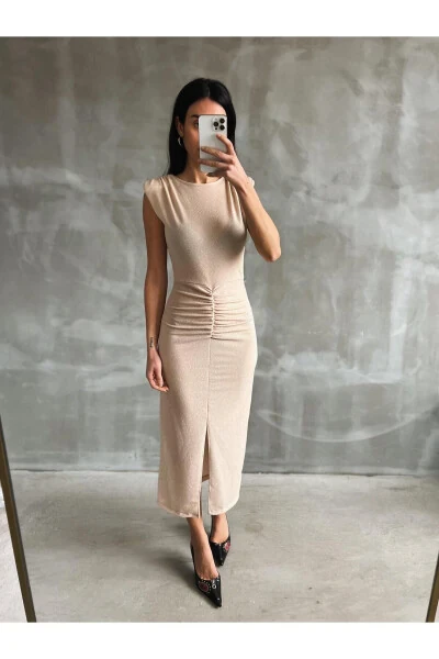 Women's Beige Lycra Sequin Party Dress with Front Slit - 6