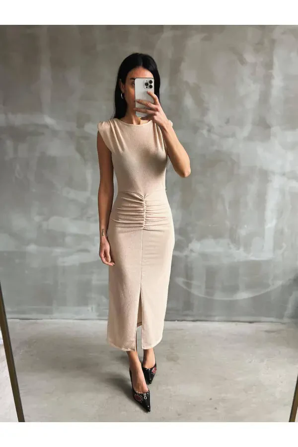 Women's Beige Lycra Sequin Party Dress with Front Slit - 6