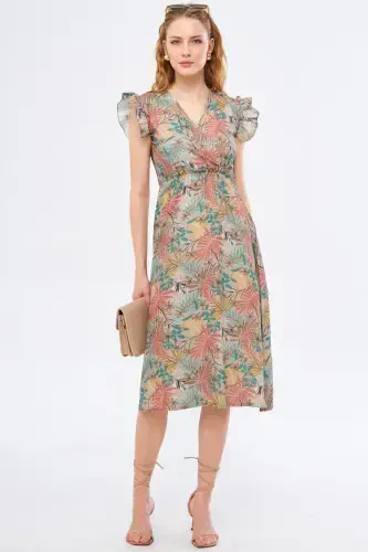 Women's Beige Midi Dress Crossover Collar Ruffled Shoulder Detail Elastic Waist Midi Size ARM-24Y001020-Beige - 1