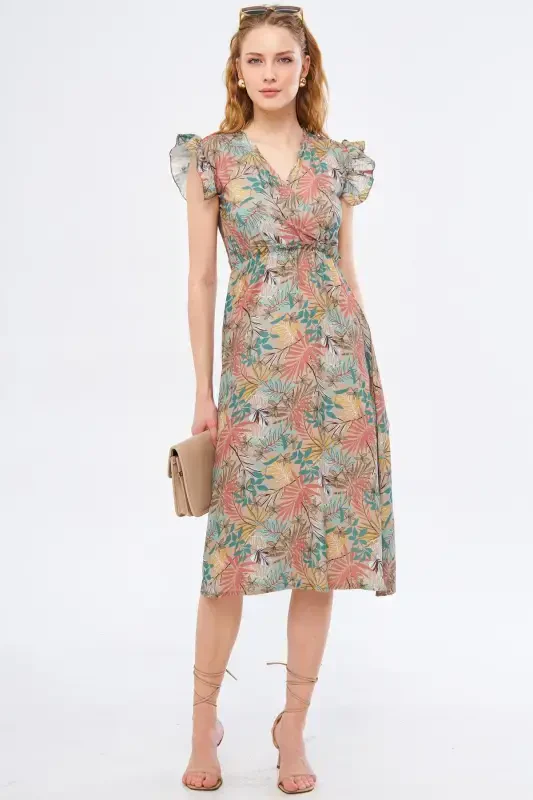 Women's Beige Midi Dress Crossover Collar Ruffled Shoulder Detail Elastic Waist Midi Size ARM-24Y001020-Beige - 1