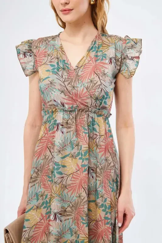 Women's Beige Midi Dress Crossover Collar Ruffled Shoulder Detail Elastic Waist Midi Size ARM-24Y001020-Beige - 2