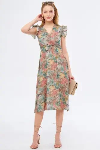 Women's Beige Midi Dress Crossover Collar Ruffled Shoulder Detail Elastic Waist Midi Size ARM-24Y001020-Beige - 3