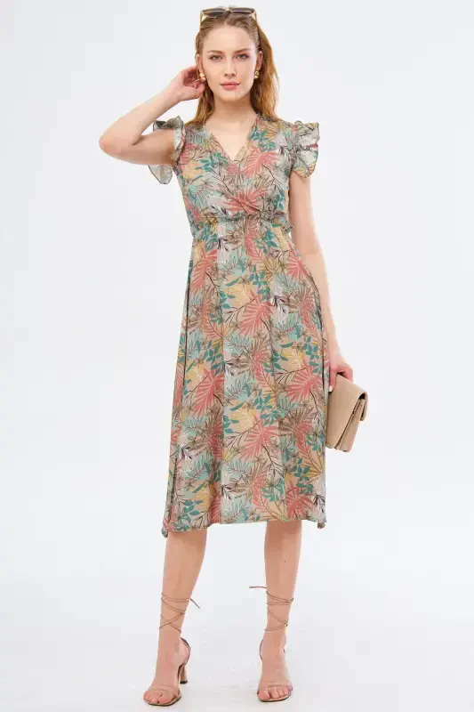 Women's Beige Midi Dress Crossover Collar Ruffled Shoulder Detail Elastic Waist Midi Size ARM-24Y001020-Beige - 3