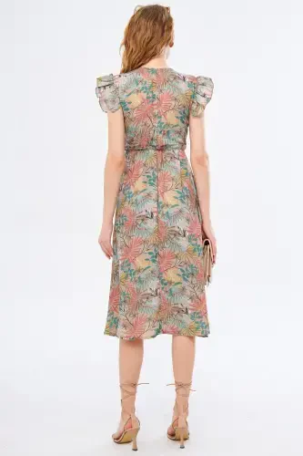 Women's Beige Midi Dress Crossover Collar Ruffled Shoulder Detail Elastic Waist Midi Size ARM-24Y001020-Beige - 4