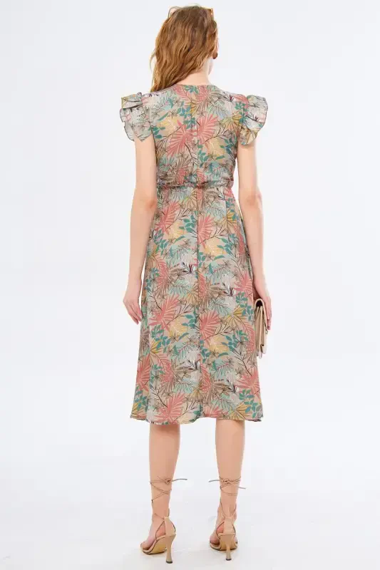 Women's Beige Midi Dress Crossover Collar Ruffled Shoulder Detail Elastic Waist Midi Size ARM-24Y001020-Beige - 4