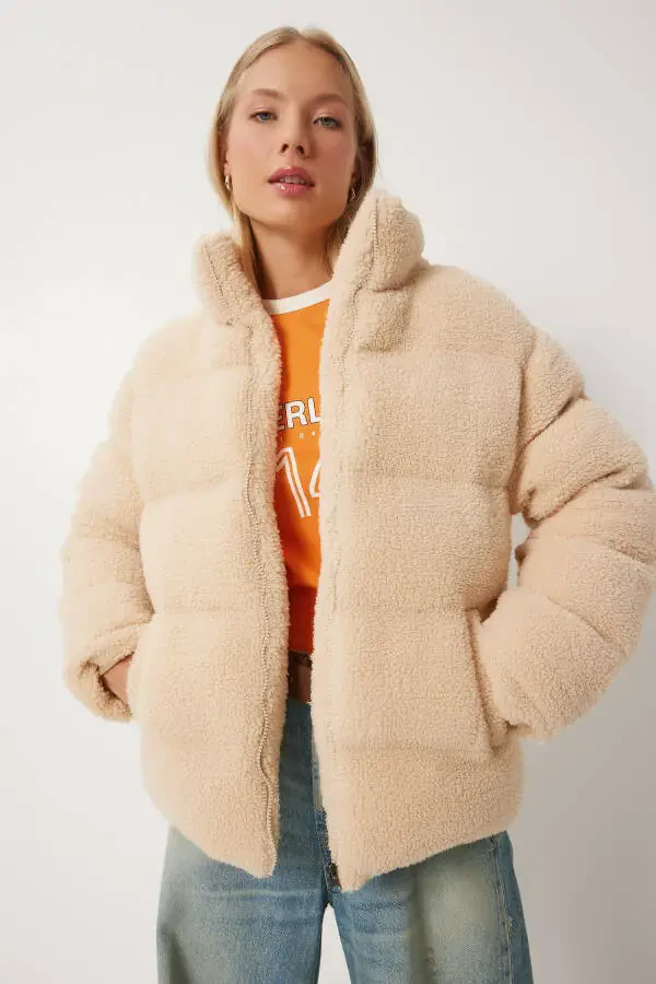 Women's Beige Mock Neck Plush Puffer Jacket QA00002 - 1