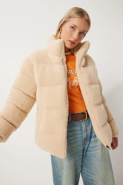 Women's Beige Mock Neck Plush Puffer Jacket QA00002 - HAPPINESS İSTANBUL (1)