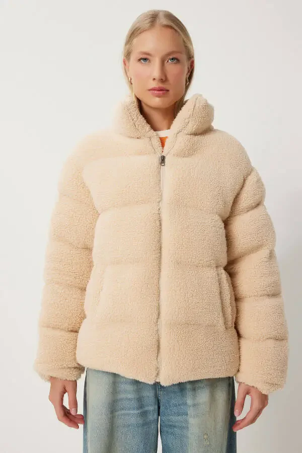 Women's Beige Mock Neck Plush Puffer Jacket QA00002 - 4