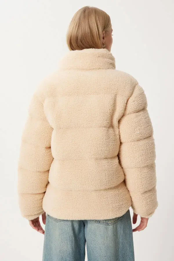 Women's Beige Mock Neck Plush Puffer Jacket QA00002 - 6