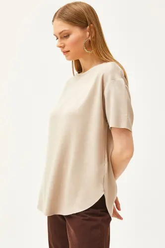 Women's Beige Modal Buttoned Soft Textured Oval Bottom T-Shirt 