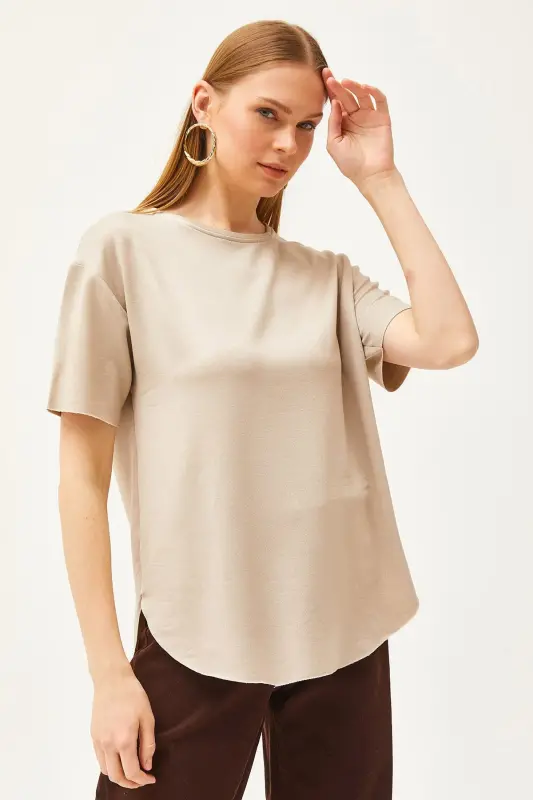 Women's Beige Modal Buttoned Soft Textured Oval Bottom T-Shirt - 2