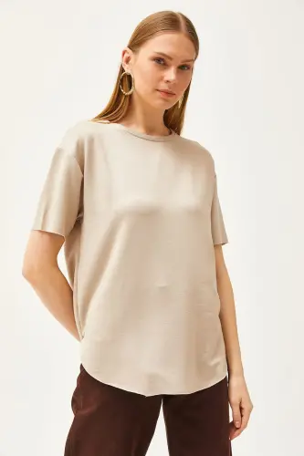 Women's Beige Modal Buttoned Soft Textured Oval Bottom T-Shirt - 3