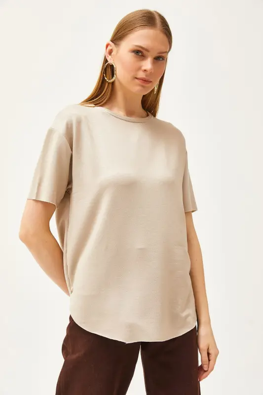 Women's Beige Modal Buttoned Soft Textured Oval Bottom T-Shirt - 3