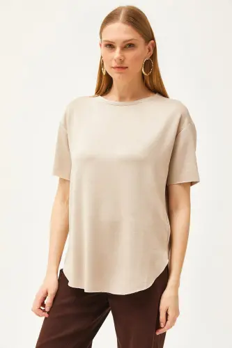 Women's Beige Modal Buttoned Soft Textured Oval Bottom T-Shirt - 4