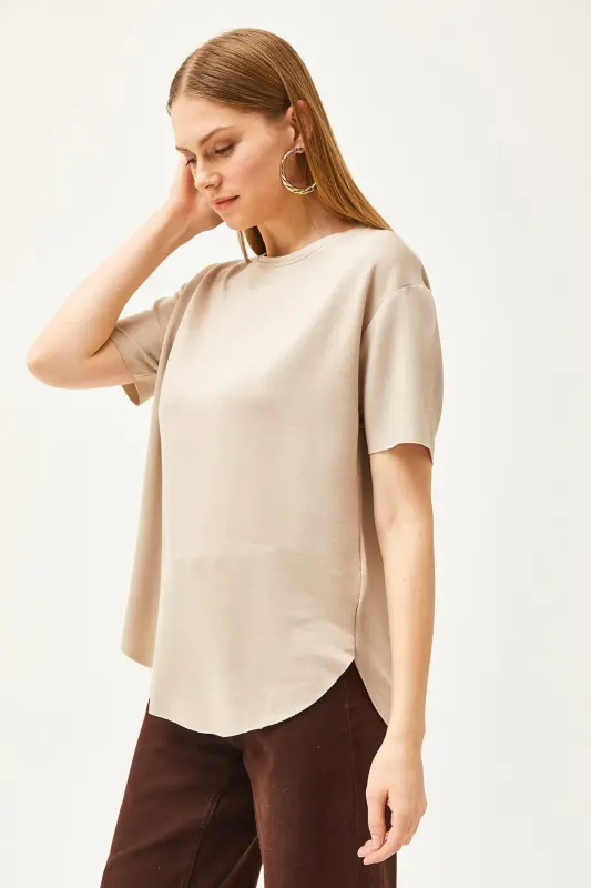 Women's Beige Modal Buttoned Soft Textured Oval Bottom T-Shirt - 5