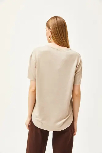 Women's Beige Modal Buttoned Soft Textured Oval Bottom T-Shirt - 6