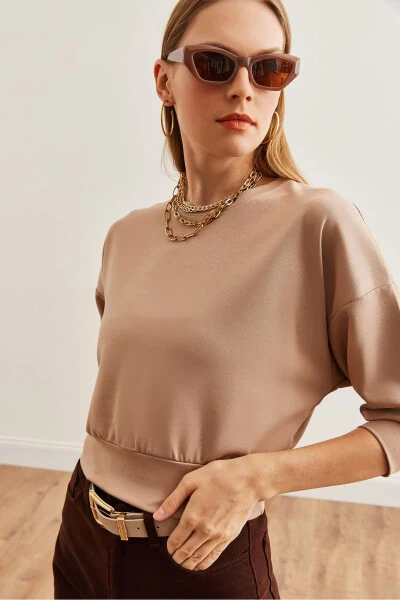 Women's Beige Modal Touch Crop Sweatshirt SWT-19000653 - 1