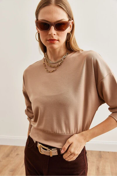 Women's Beige Modal Touch Crop Sweatshirt SWT-19000653 - 4