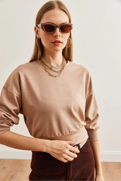 Women's Beige Modal Touch Crop Sweatshirt SWT-19000653 - 5