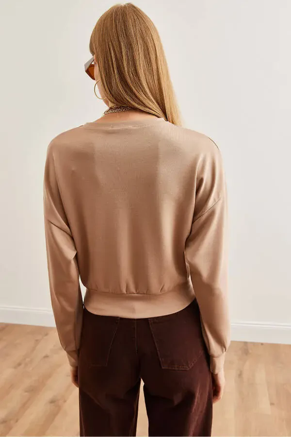 Women's Beige Modal Touch Crop Sweatshirt SWT-19000653 - 7