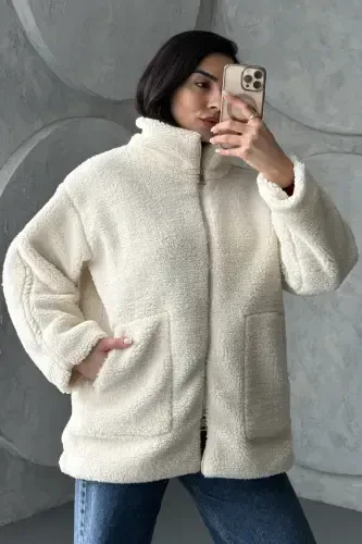 Women's Beige Oversize Plush Coat - Double Zippered, Stand-Up Collar-Beige - MODA ARMANC (1)