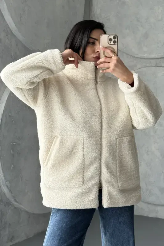 Women's Beige Oversize Plush Coat - Double Zippered, Stand-Up Collar-Beige - 3