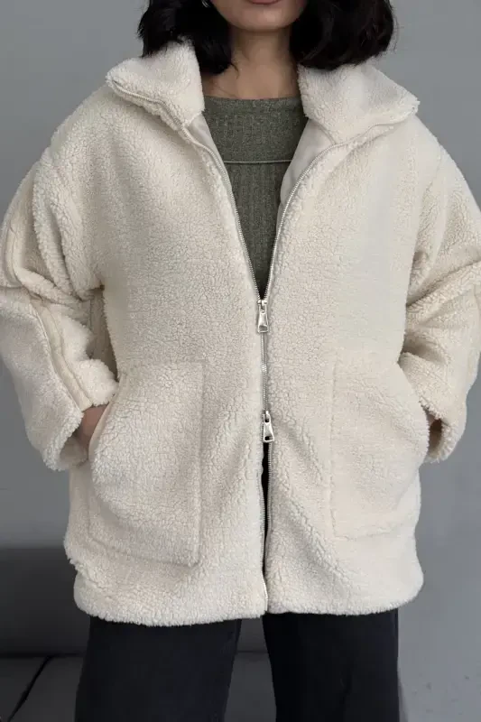 Women's Beige Oversize Plush Coat - Double Zippered, Stand-Up Collar-Beige - 5
