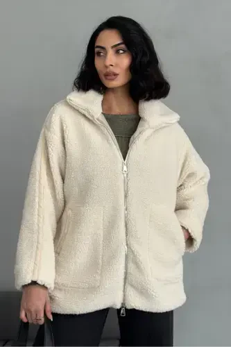 Women's Beige Oversize Plush Coat - Double Zippered, Stand-Up Collar-Beige - 6