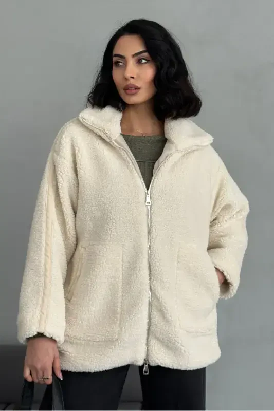 Women's Beige Oversize Plush Coat - Double Zippered, Stand-Up Collar-Beige - 6