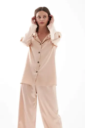 Women's Beige Oversize Satin Pajama Set - 4